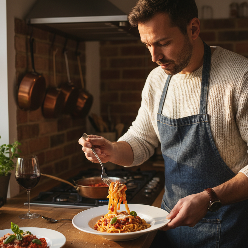 man plating up pasta at home